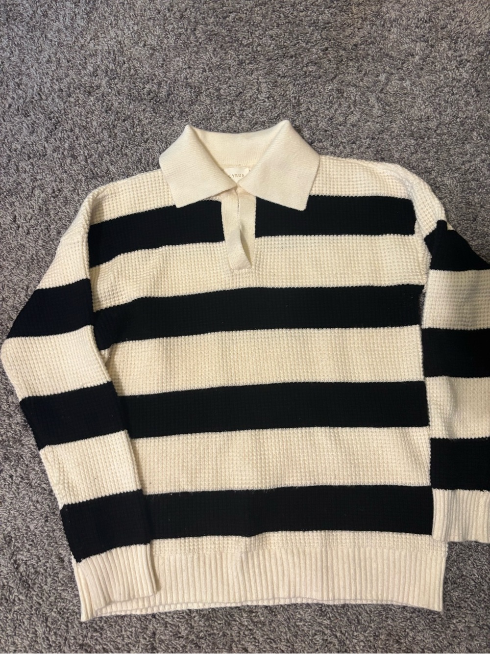 Women’s Cream and Black Striped Knit Polo Sweater
